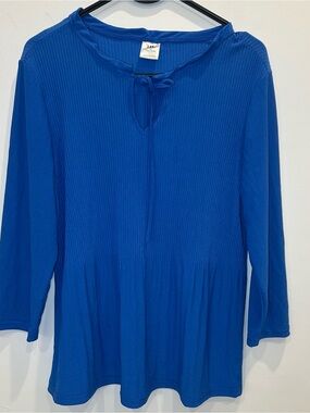 HL Women’s Blue Ribbed Long Sleeve Tunic Top Tie Neck Size M